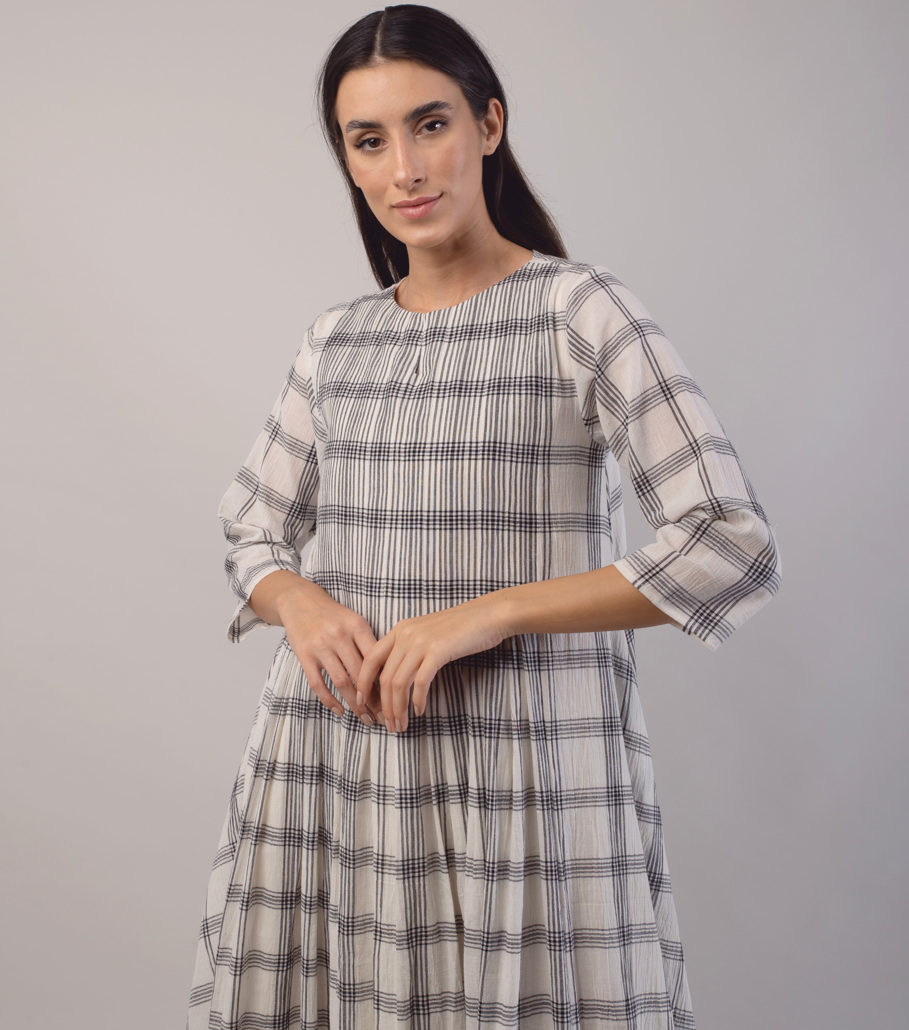 Ivory Woven Cotton Checkered Dress