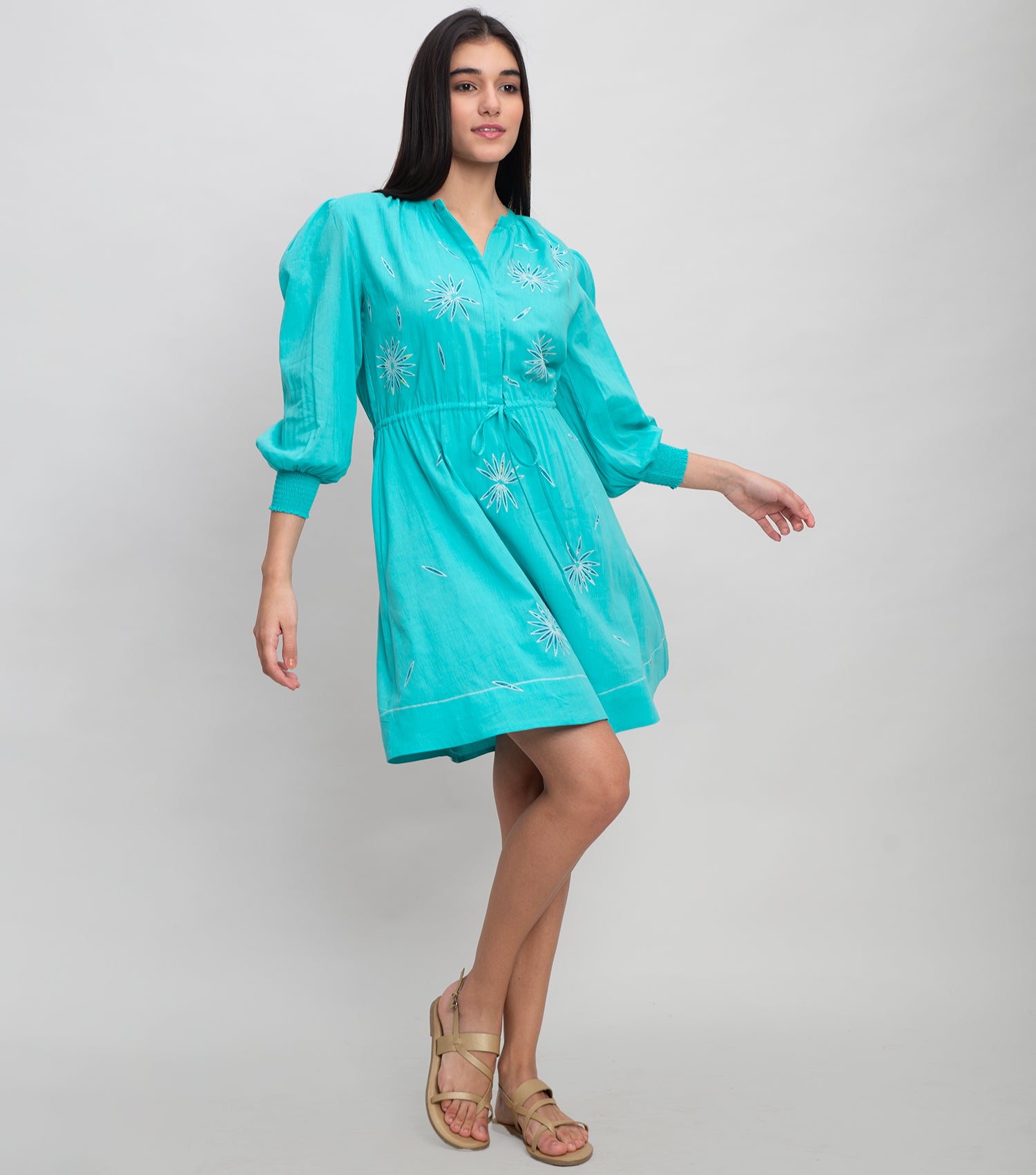 Aqua Blue Mini Dress with Patch Embroidery & Smocked Cuff Sleeve