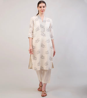 Off-white Printed Cotton Kurta Set with Dupatta