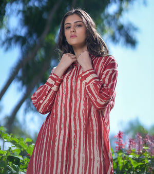 Red and Natural Soft Cotton Tunic and Pants Set