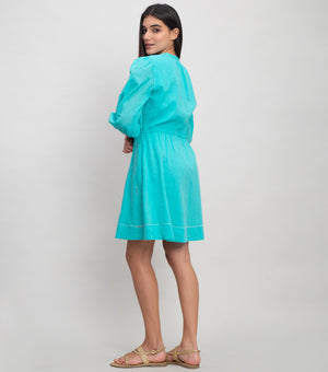 Aqua Blue Mini Dress with Patch Embroidery & Smocked Cuff Sleeve