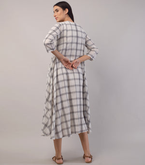 Ivory Woven Cotton Checkered Dress