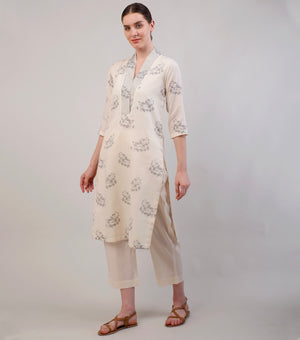 Off-white Printed Cotton Kurta Set with Dupatta