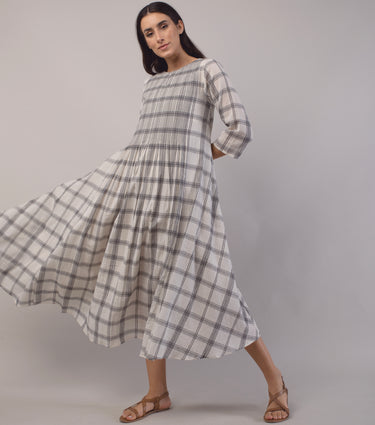 Ivory Woven Cotton Checkered Dress