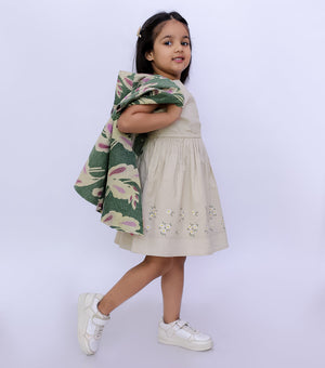 Green Vintage Cotton Kantha Jacket For Kids