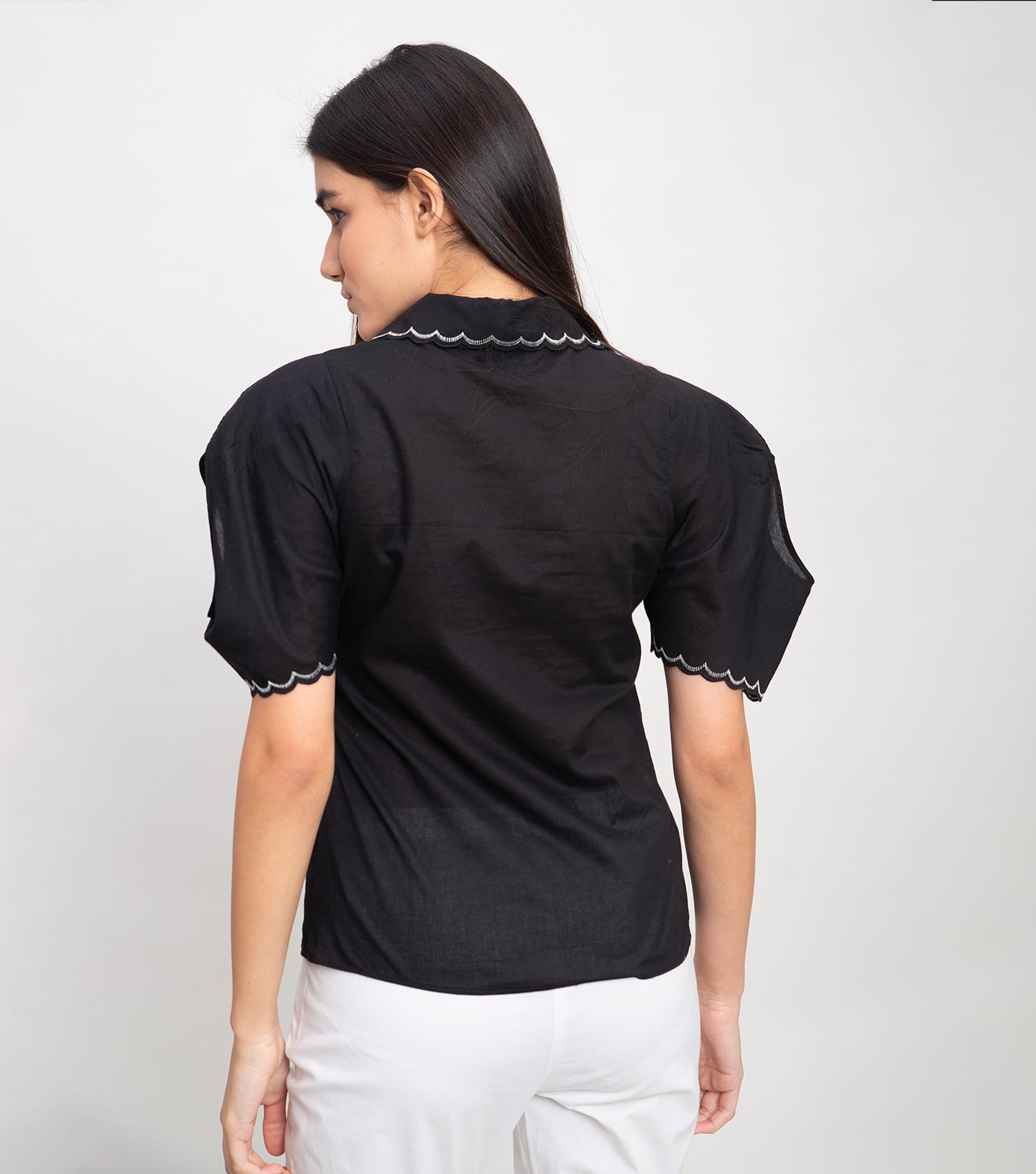 Black Cotton Top With Scallop Embroidery