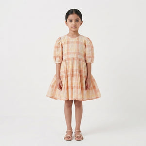 Beige Checked Cotton Dress For Girls