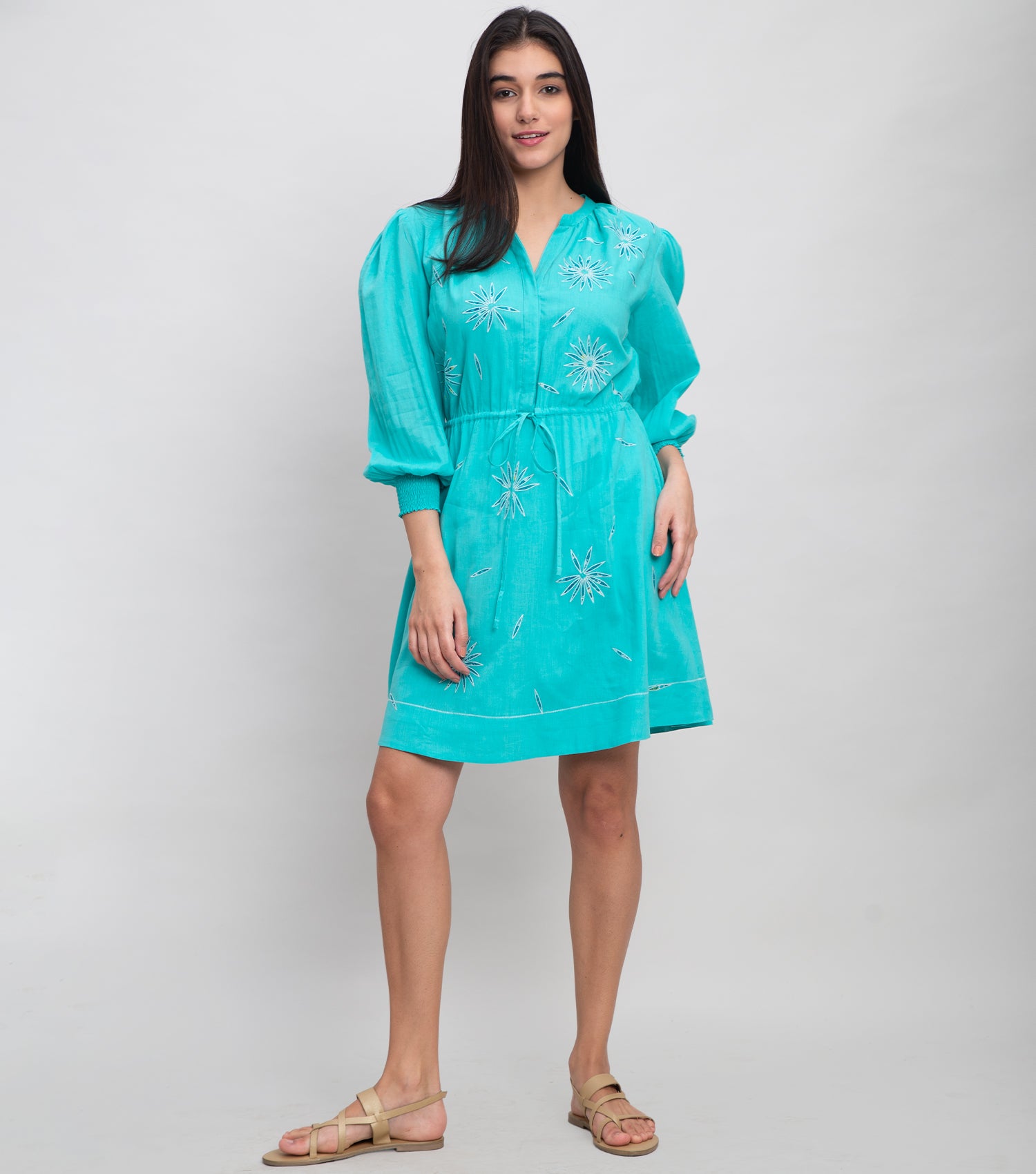 Aqua Blue Mini Dress with Patch Embroidery & Smocked Cuff Sleeve