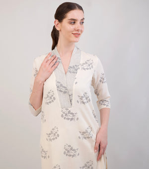 Off-white Printed Cotton Kurta Set with Dupatta