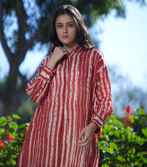 Red and Natural Soft Cotton Printed Short Dress