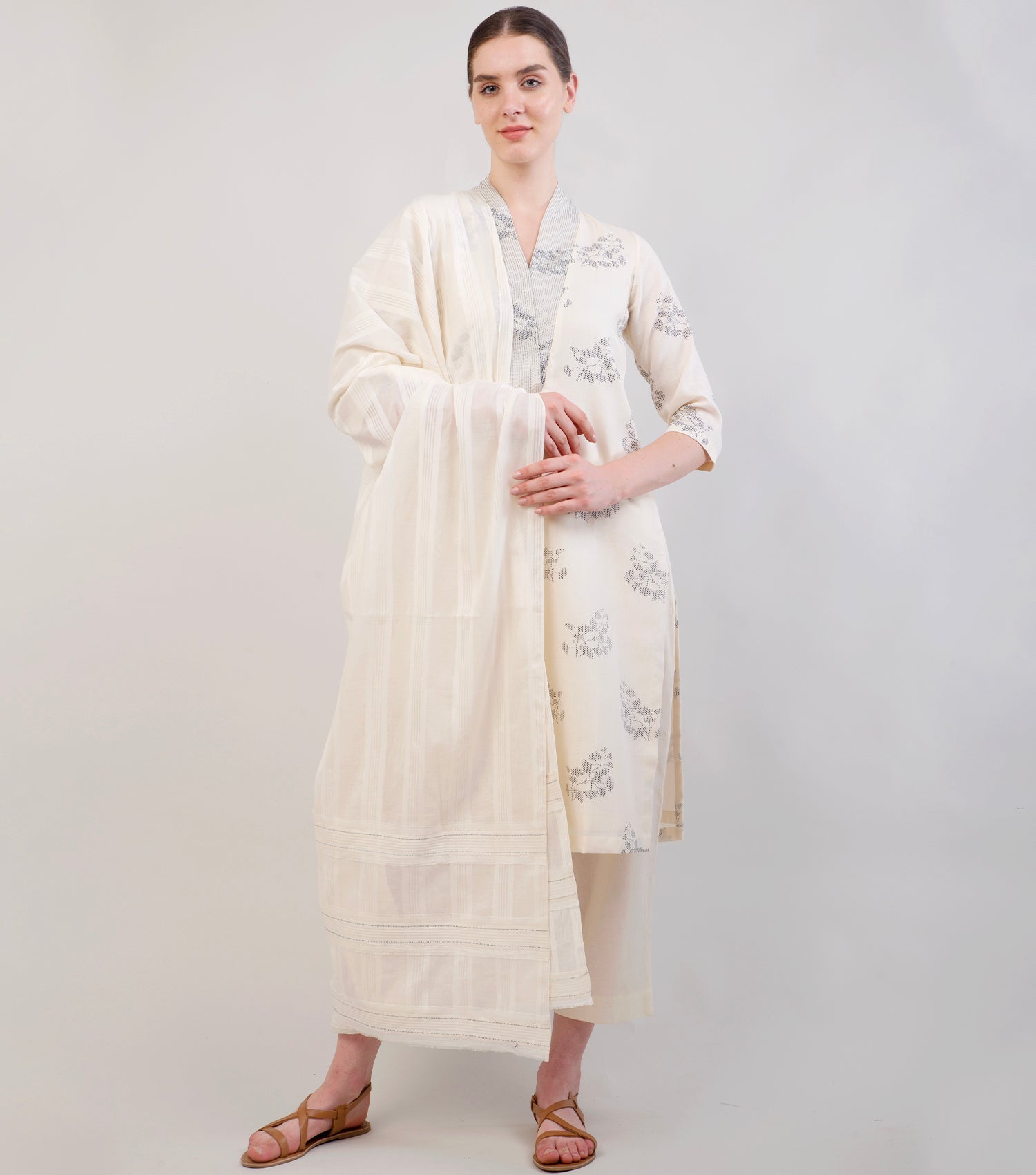 Off-white Printed Cotton Kurta Set with Dupatta