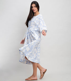Blue White Cotton Printed Kaftan with Stitch Line On Neck & Sleeve