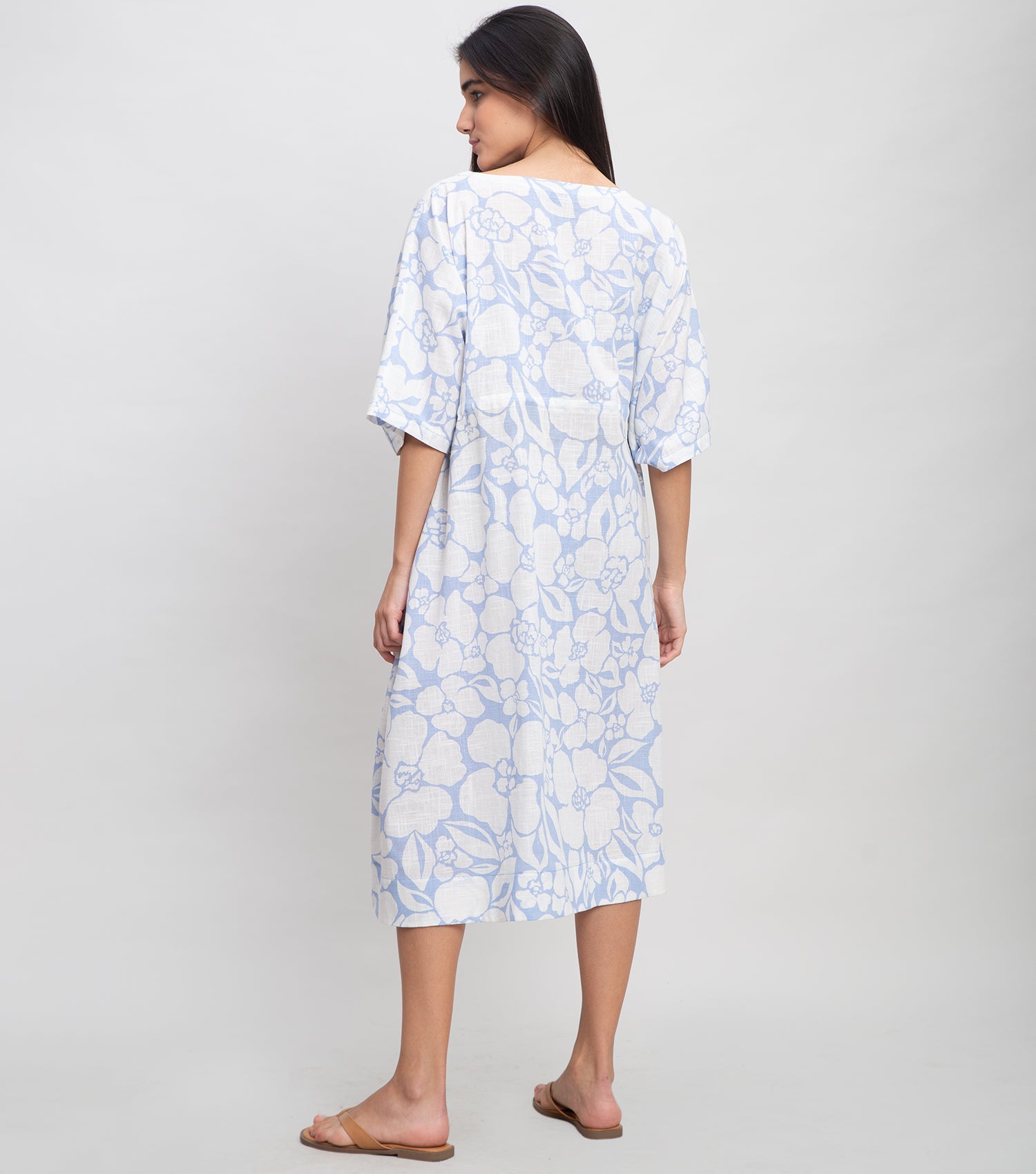 Blue White Cotton Printed Kaftan with Stitch Line On Neck & Sleeve