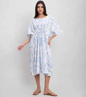 Blue White Cotton Printed Kaftan with Stitch Line On Neck & Sleeve