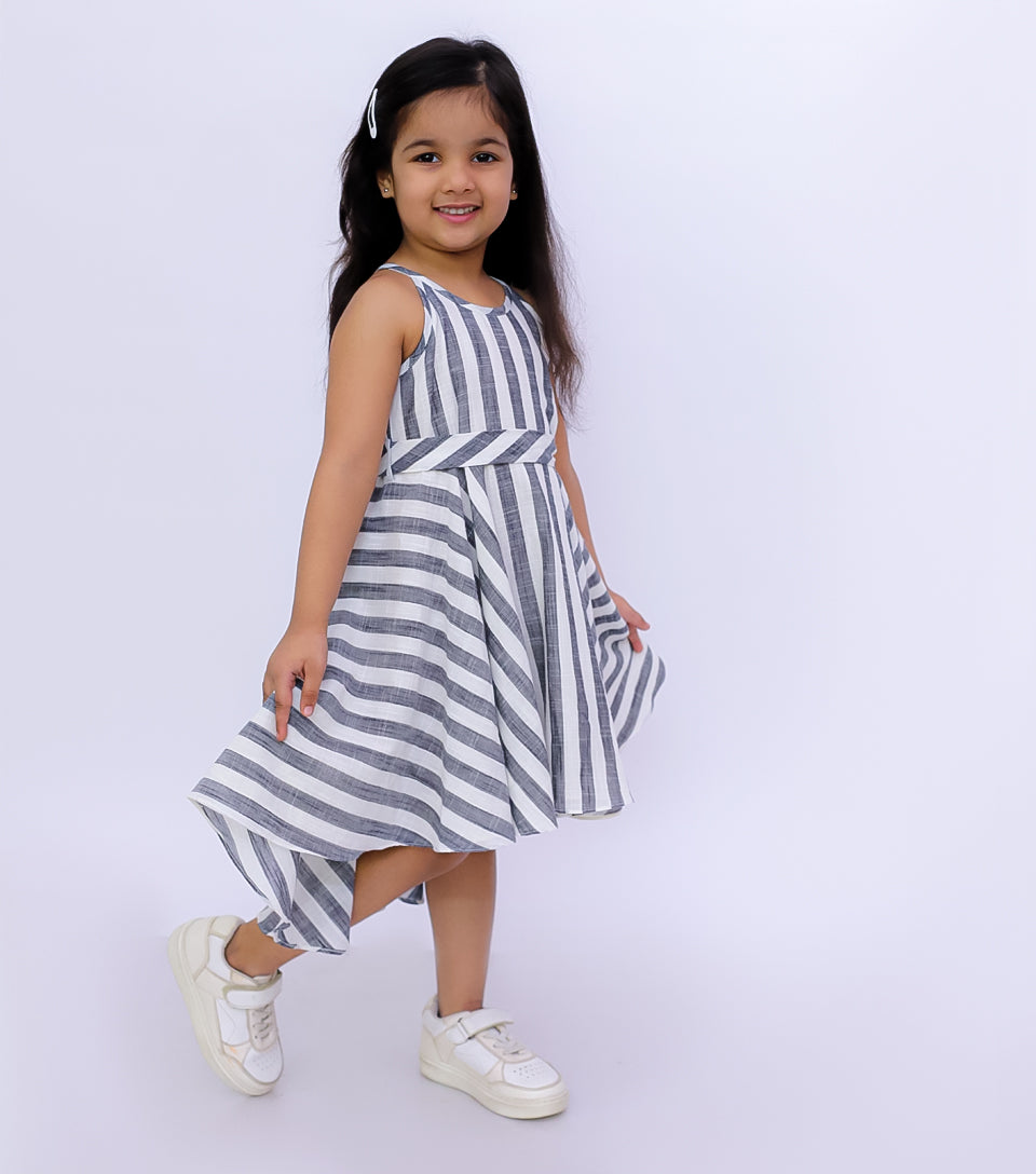 Woven Striped Sleeveless Back Tie-Up Dress for Girls