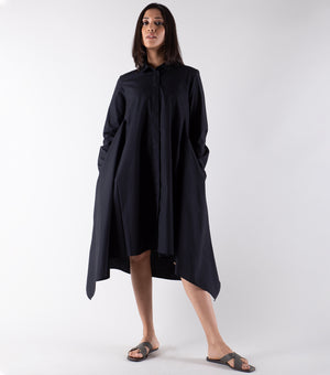 Black Cotton Asymmetric Shirt Dress