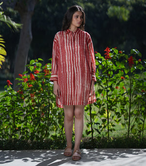 Red and Natural Soft Cotton Printed Short Dress