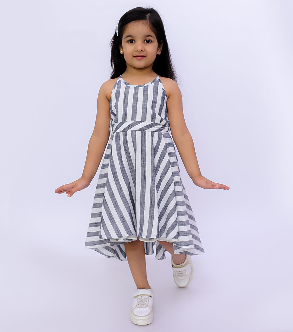 Woven Striped Sleeveless Back Tie-Up Dress for Girls