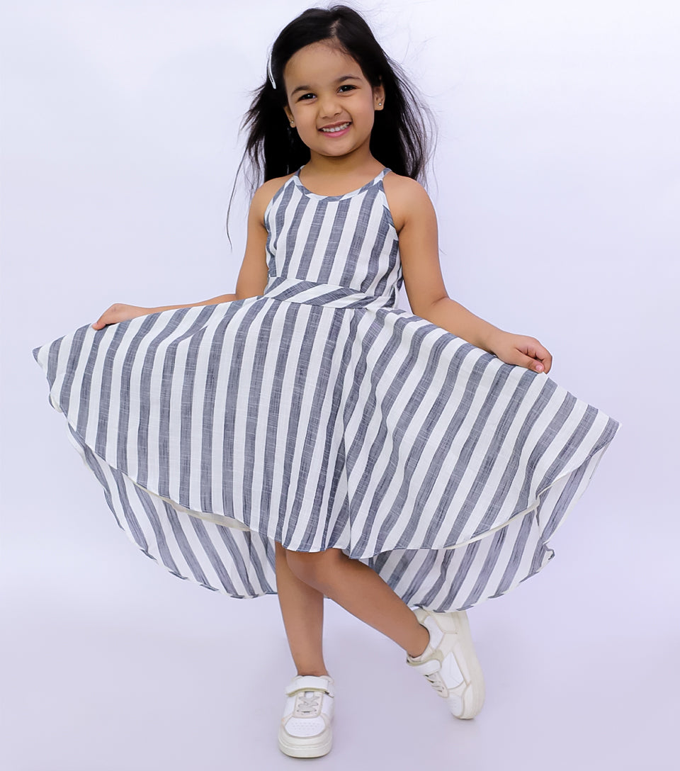 Woven Striped Sleeveless Back Tie-Up Dress for Girls