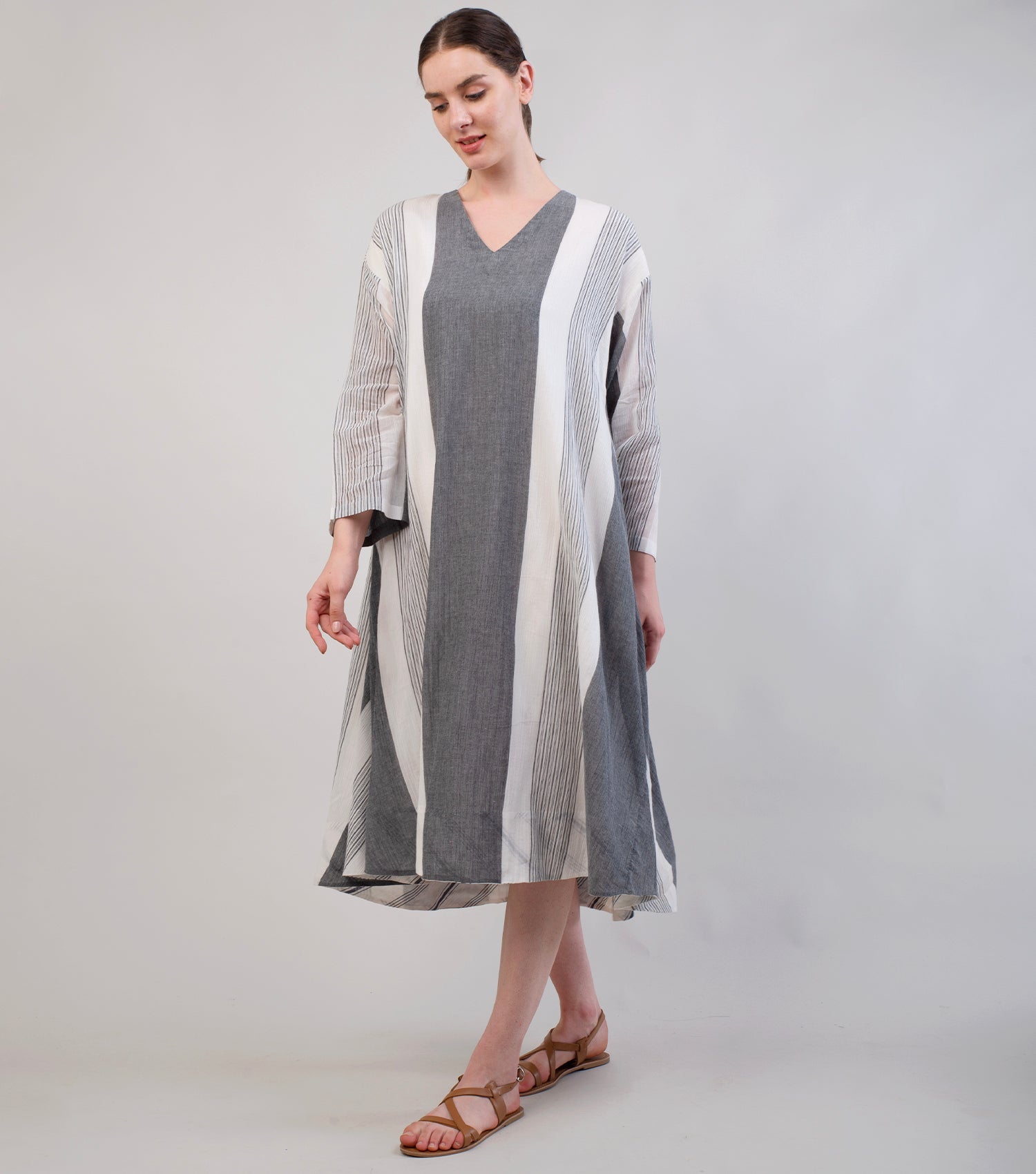 Grey & White Woven Cotton Dress
