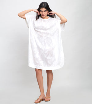White Cotton Floral Dobby Coverup With Smocking Detail