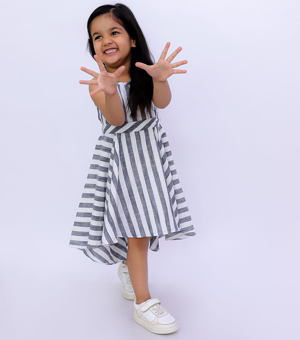 Woven Striped Sleeveless Back Tie-Up Dress for Girls