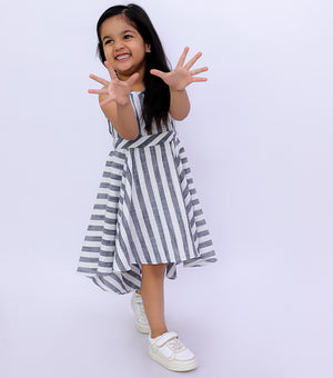 Woven Striped Sleeveless Back Tie-Up Dress for Girls