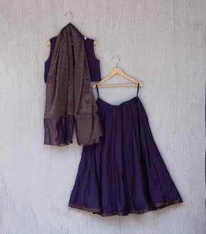 Purple Chanderi Blouse, Lehenga Skirt & Tissue Dupatta Set