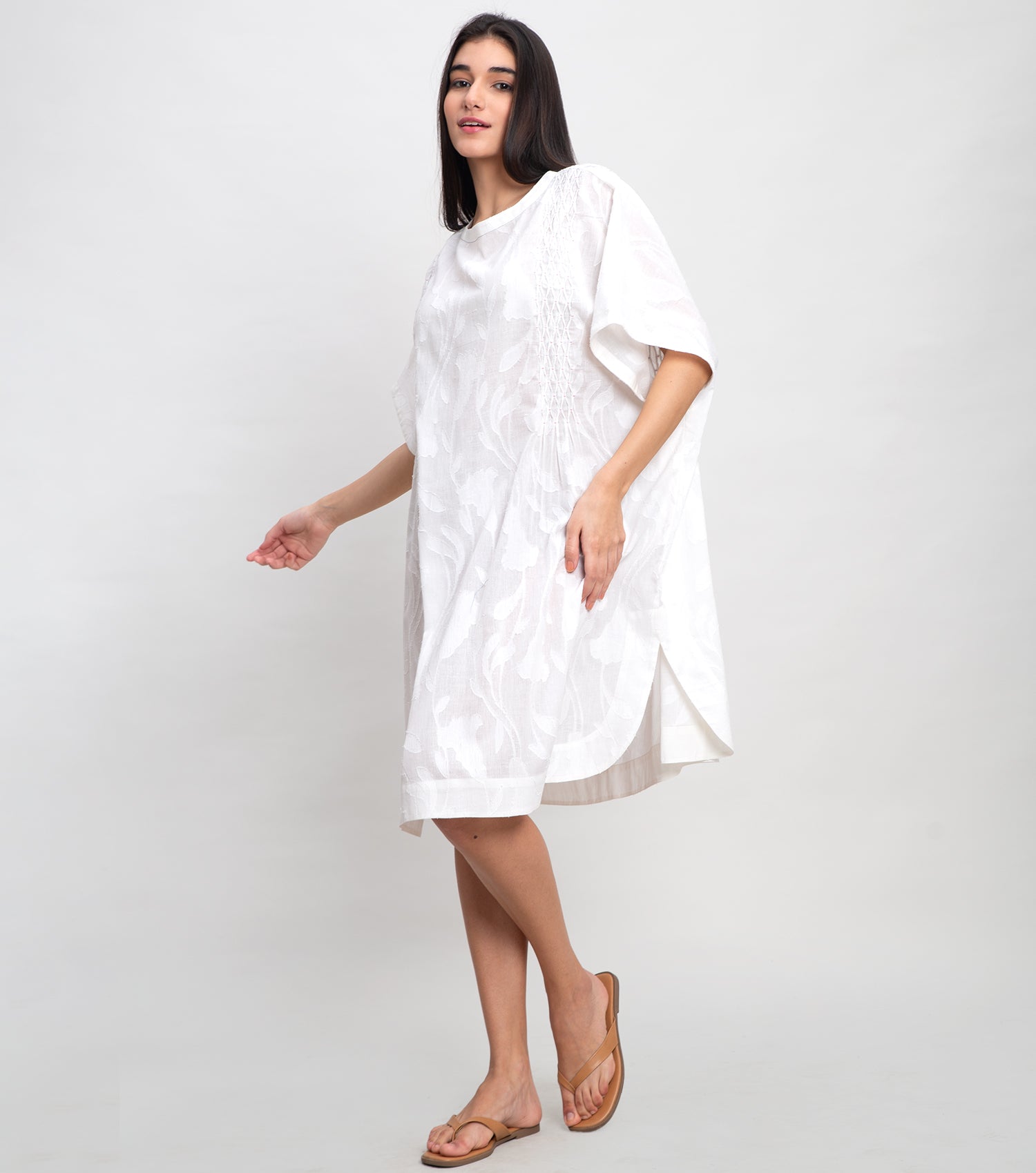 White Cotton Floral Dobby Coverup With Smocking Detail