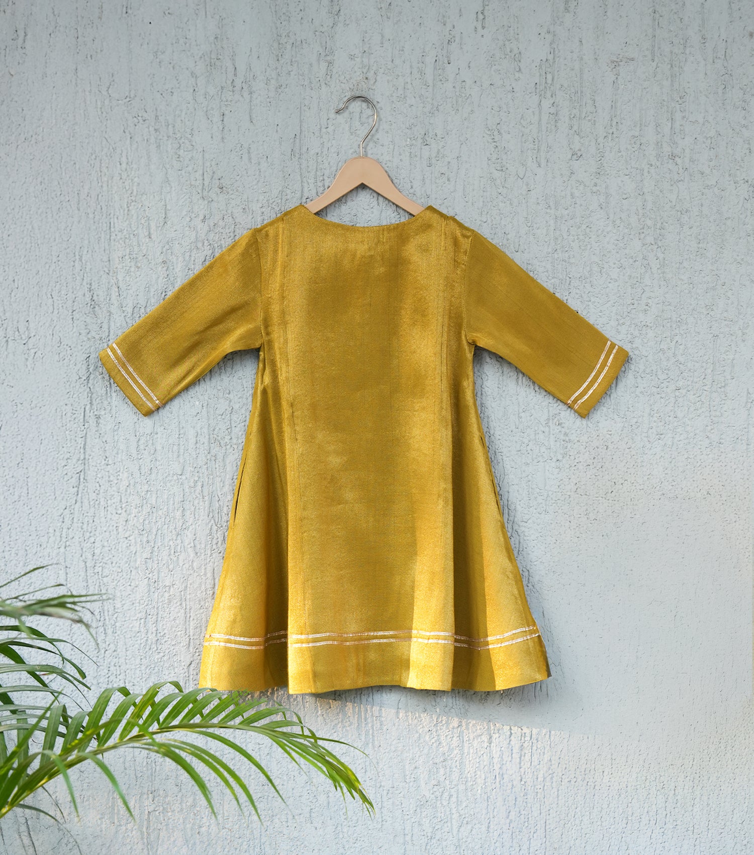 Mustard Pleated Tissue A-line Gota Kurta Set with Pants & Dupatta for Girls