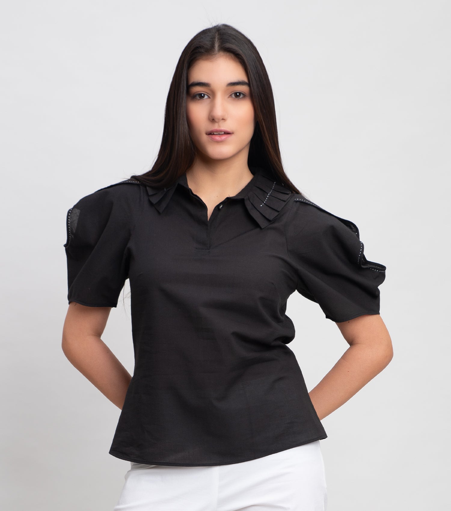 Black Cotton Pleated Collar Top With Hand Stitch