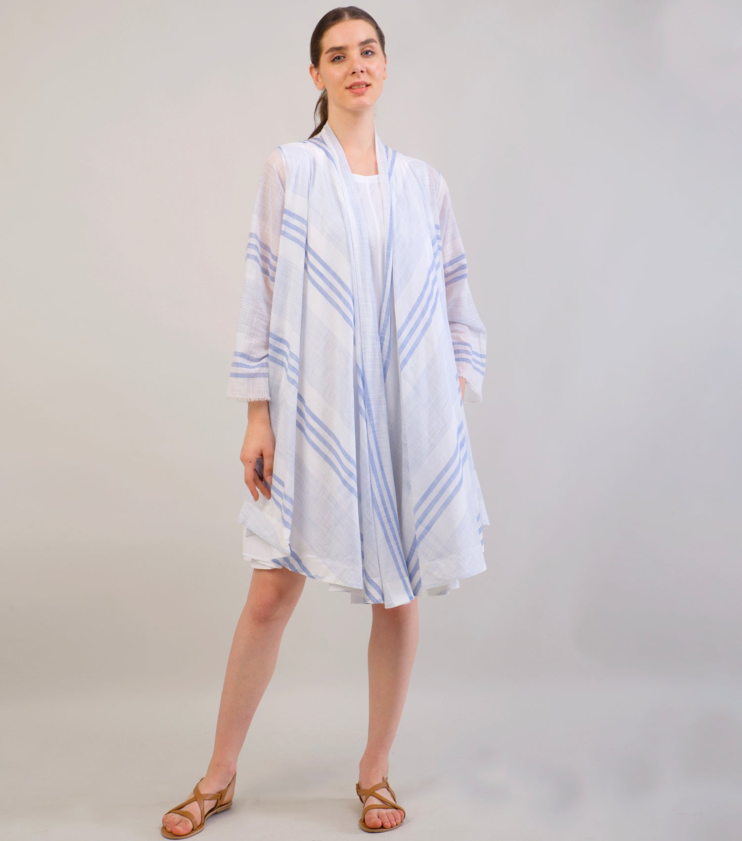 White & Blue Striped Woven Cotton Overlay