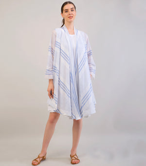 White & Blue Striped Woven Cotton Overlay & Dress