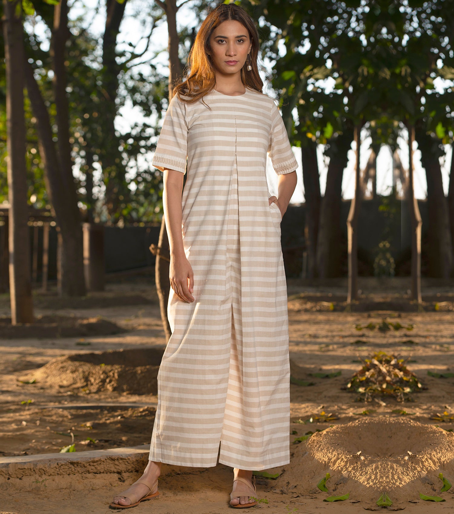 Beige Stripe Cotton Jumpsuit