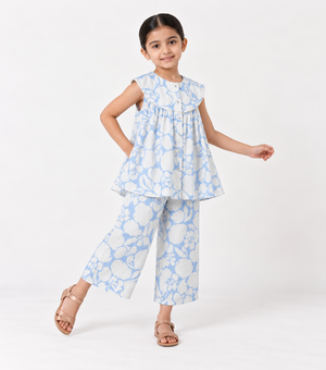 White Cotton Top with Pants Co-ord Set for Girls