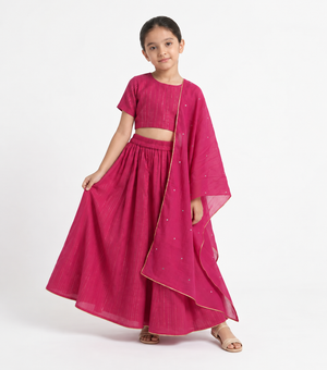 Magenta Lehenga Set with Embroidered Dupatta for Girls