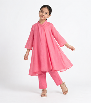 Blush Woven Cotton Choga with Slip for Girls