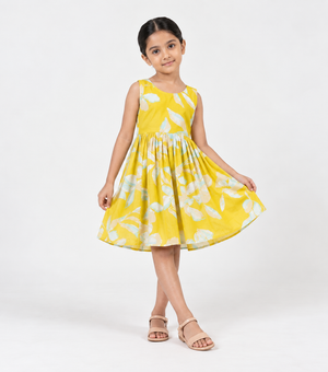 Sunshine Lime Printed Cotton Dress For Girls