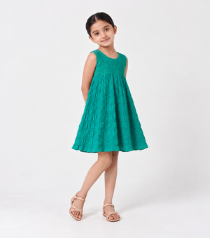 Green Smocked Cotton Dress For Girls