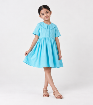 Sky Blue Poplin Collar Dress For Girls