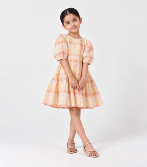 Beige Checked Cotton Dress For Girls