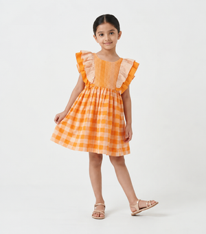 Orange Check Woven Cotton Dress For Girls