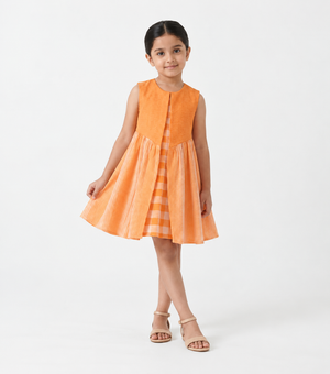 Orange Woven Cotton Layered Dress For Girls