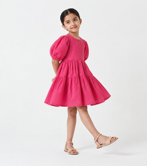Magenta Woven Cotton Dress For Girls