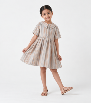 Beige Stripe Woven Cotton Dress for Girls