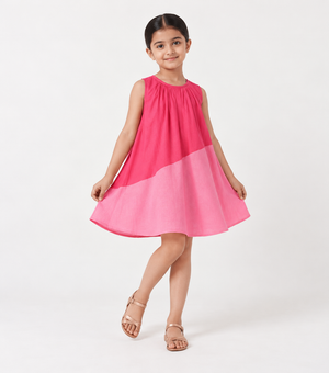 Color Block Magenta Sleeveless Dress For Girls