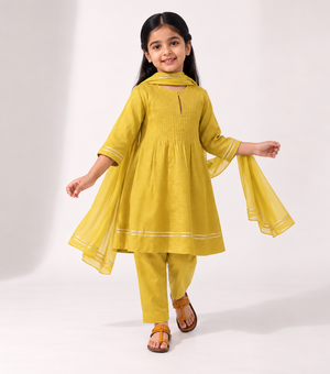 Mustard Pleated Tissue A-line Gota Kurta Set with Pants & Dupatta for Girls