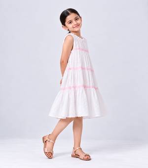 White Sleeveless Smocked Cotton Dress for Girls