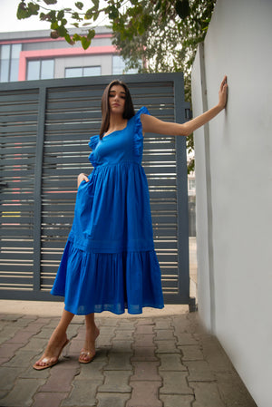 Royal Blue Cotton Midi Dress with Smocking & Stitch Line