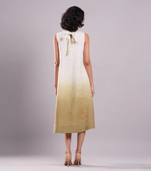 White & Beige Ombre Cotton Linen Pintuck Dress